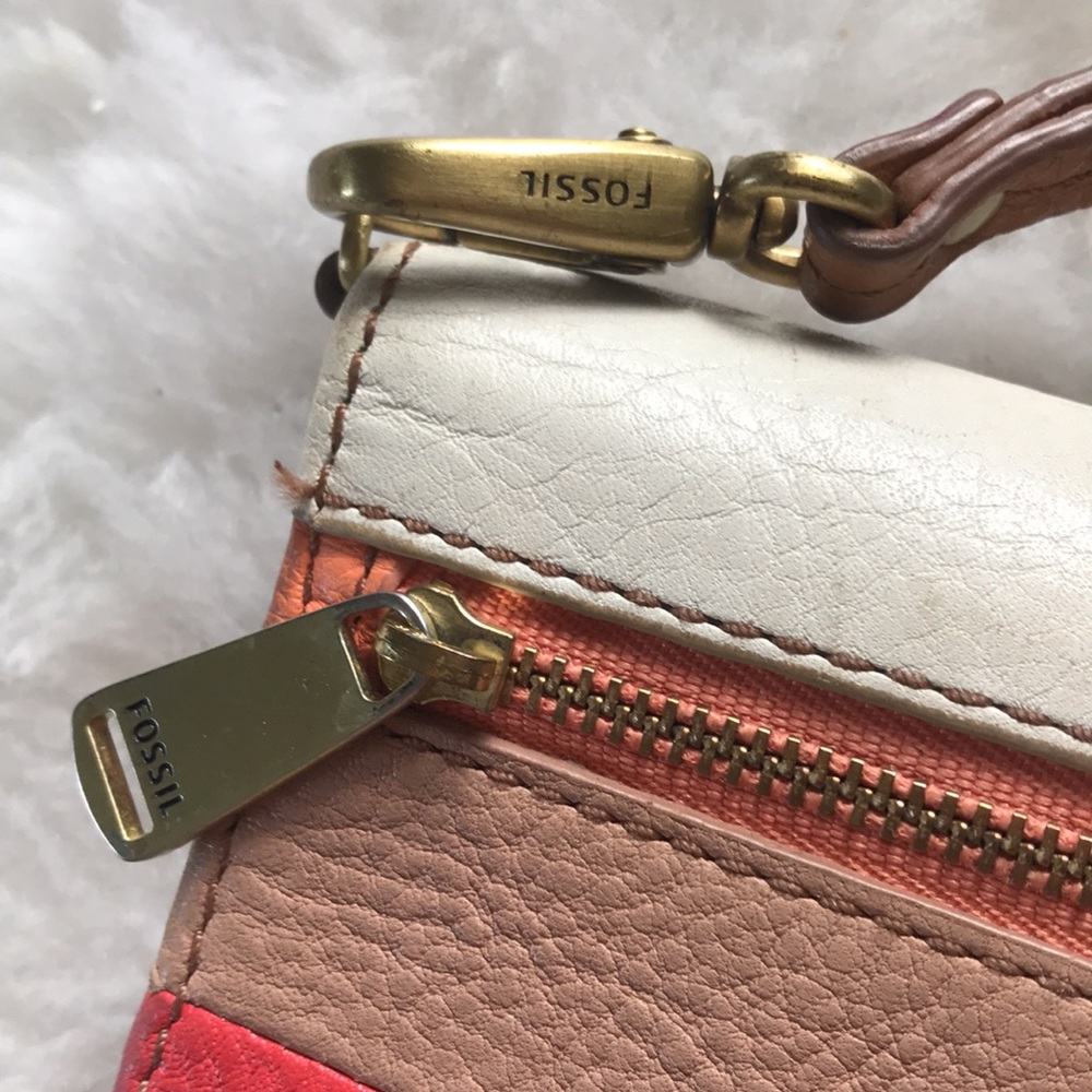 Fossil Color Block Tan Red Trifold Wallet Clutch - image 2